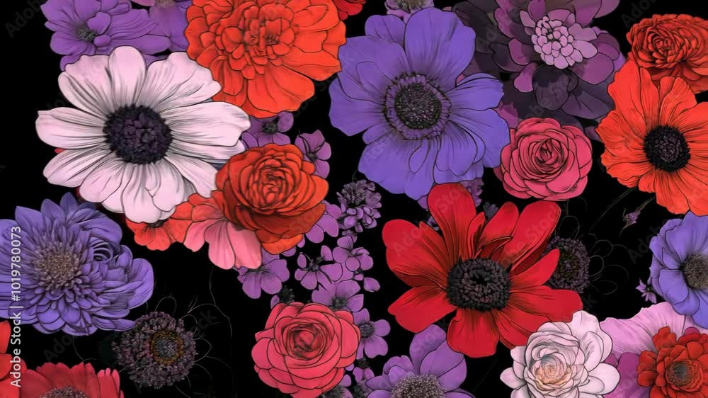A close-up of a vibrant floral pattern, featuring red, pink, and purple flowers on a black background A close-up of a vibrant floral pattern, featuring red, pink, and purple flowers on a black background
