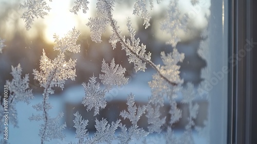 Close-up of delicate ice crystals forming intricate patterns on a frosted window pane during winter photo