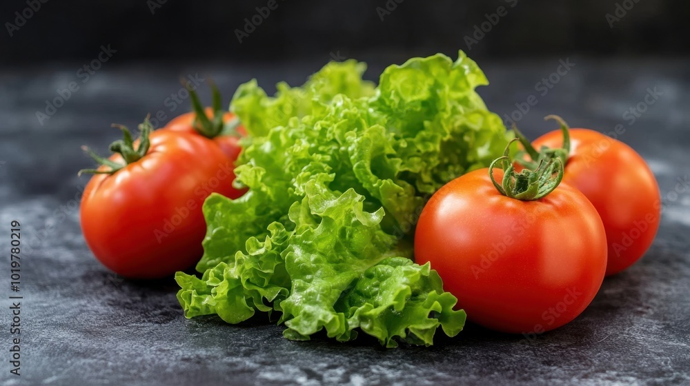 Fresh tomatoes and lettuce arranged on a dark background. Concept of healthy diet and cooking with natural ingredients. Fresh tomatoes and lettuce arranged on a dark background. Concept of healthy diet and cooking with natural ingredients.
