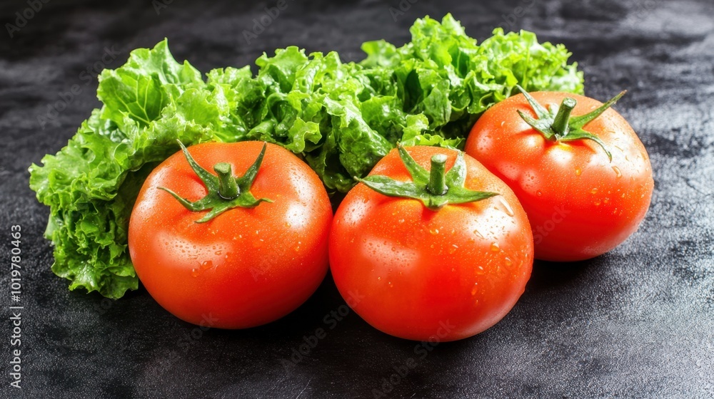 Fresh tomatoes and lettuce arranged on a dark background. Concept of healthy diet and cooking with natural ingredients. Fresh tomatoes and lettuce arranged on a dark background. Concept of healthy diet and cooking with natural ingredients.