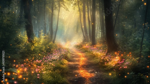 A wide-angle view of an enchanted forest path lined with glowing flowers, with soft mist rising from the ground, leading deeper into the magical heart of the forest where a mysterious light beckons