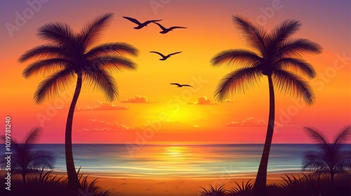 Glowing neon sunset sky illuminates palm silhouettes in a night beach setting. Retro-style summer travel and vacation concept.