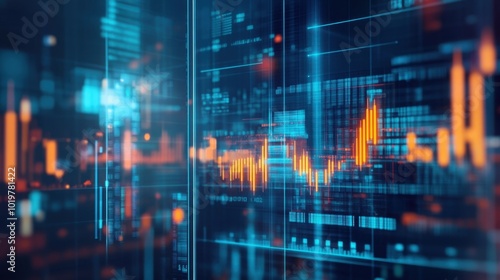 Graphic finance background with digital currency symbols and tech interfaces, showcasing economic trends and asset management.