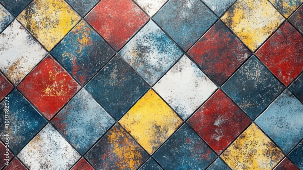 Grunge textured diamond tile pattern with red, yellow, blue, and white colors, evoking a retro mosaic design. Concept of abstract backgrounds and vintage style. Grunge textured diamond tile pattern with red, yellow, blue, and white colors, evoking a retro mosaic design. Concept of abstract backgrounds and vintage style.