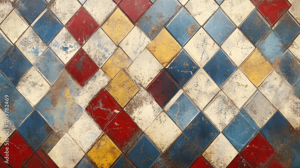 Grunge textured diamond tile pattern with red, yellow, blue, and white colors, evoking a retro mosaic design. Concept of abstract backgrounds and vintage style. Grunge textured diamond tile pattern with red, yellow, blue, and white colors, evoking a retro mosaic design. Concept of abstract backgrounds and vintage style.