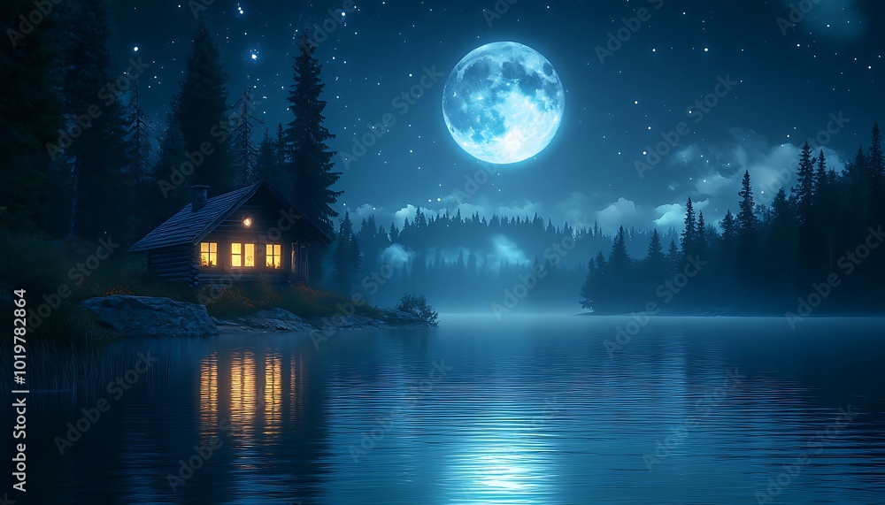 Fototapeta premium Serene Lake View with Cozy House and Full Moon