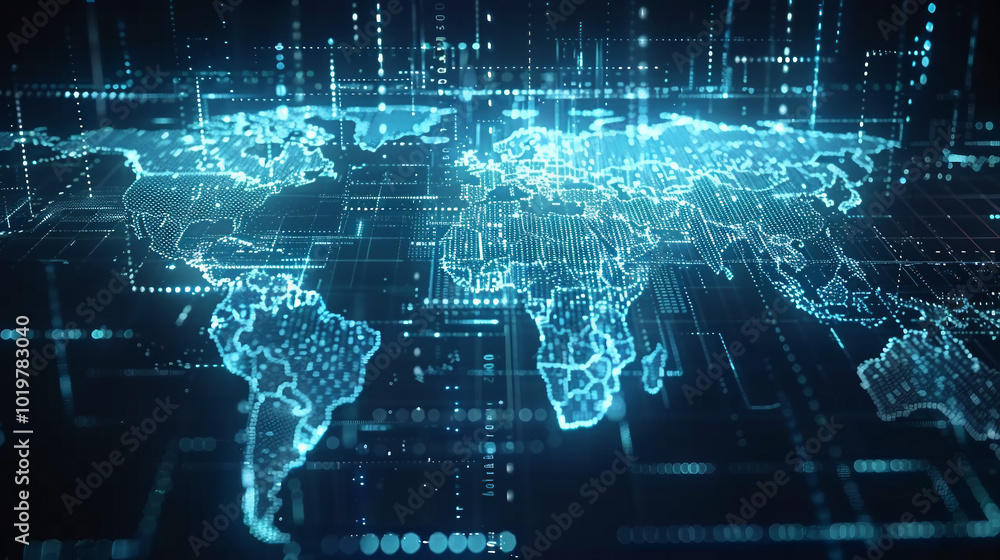 Explore the intricate details of a digital world map hologram set against a captivating blue background, showcasing the evolution of global connectivity and the endless possibilities of technology. Explore the intricate details of a digital world map hologram set against a captivating blue background, showcasing the evolution of global connectivity and the endless possibilities of technology.