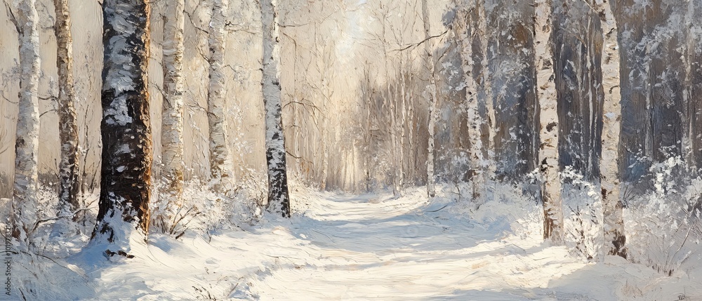 Panoramic view of a sunlit winter forest with snow-covered trees and clear blue sky Panoramic view of a sunlit winter forest with snow-covered trees and clear blue sky