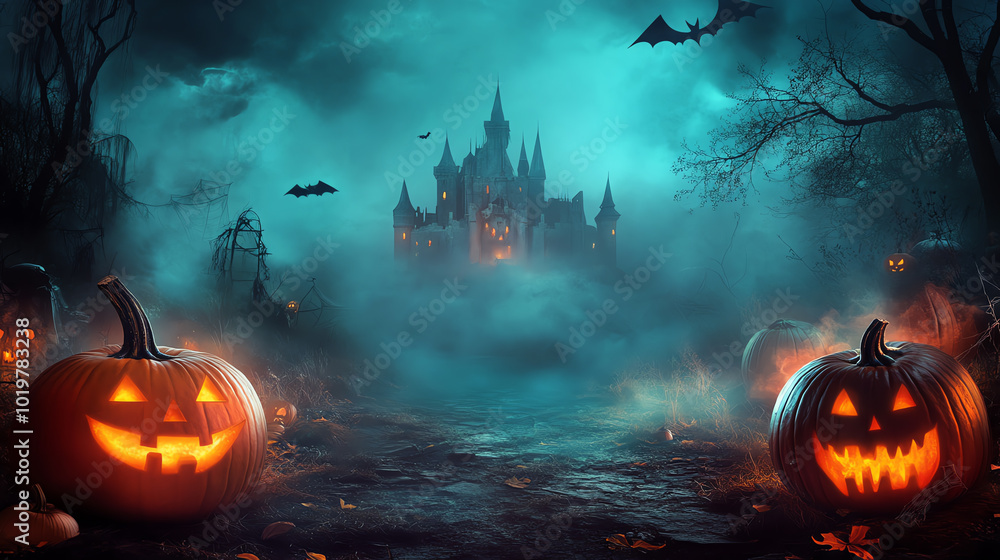 Naklejka premium A spooky Halloween scene featuring glowing pumpkins, a haunted castle, and a misty atmosphere filled with bats.