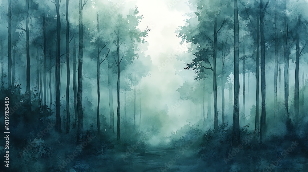 Fototapeta premium Tranquil Forest Scene in Cool Watercolor Tones