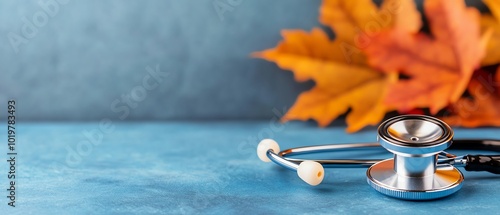 Stethoscope with autumn leaves on a blue background, symbolizing healthcare and wellness in the fall season.