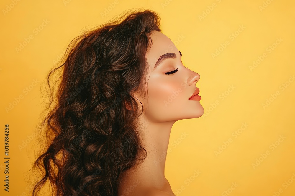 Profile of a Woman with Wavy Brown Hair Against a Yellow Background Profile of a Woman with Wavy Brown Hair Against a Yellow Background