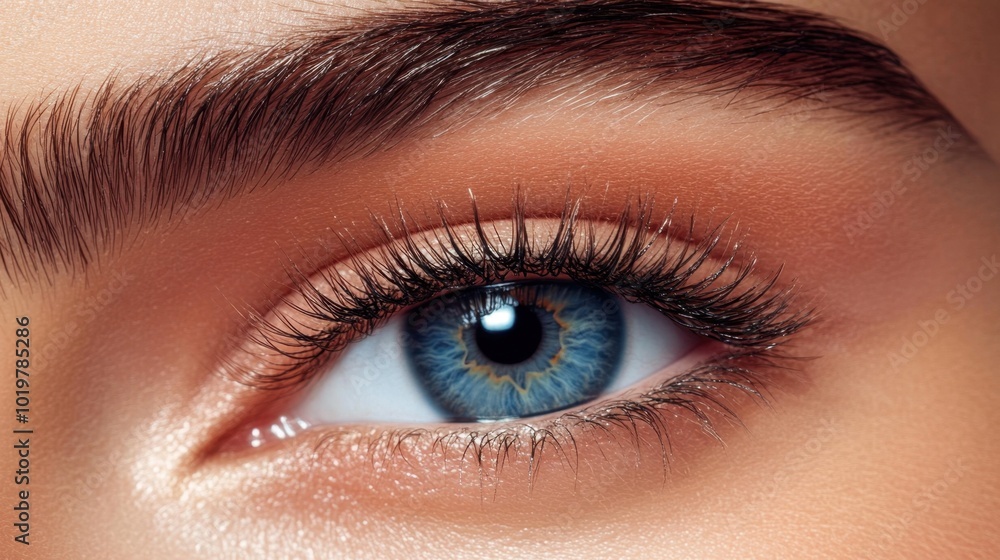 Obraz premium Macro shot of a blue eye with perfectly long lashes, smooth skin, and on-point brows. Ideal for showcasing eyelash extensions and good vision.