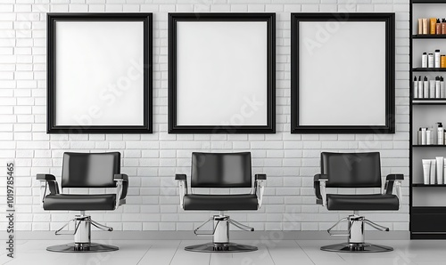 Blank frames for hair salon branding on white brick wall