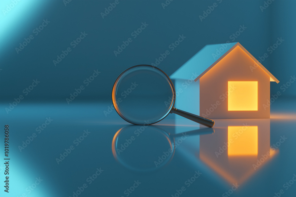 A small, realistic house model next to a magnifying glass on a blue background, symbolizing a home search, with copy space. Soft, bright lighting. A small, realistic house model next to a magnifying glass on a blue background, symbolizing a home search, with copy space. Soft, bright lighting.