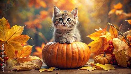 Adorable Kitten on Pumpkin - Cute Autumn Harvest and Halloween Vintage Photography