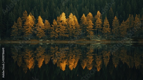 A peaceful cinematic view of a forest reflected perfectly in a calm lake, with soft light from the setting sun casting a golden hue on both the trees and their mirrored reflection