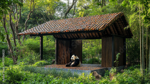 Eco-friendly pavilion roof with a panda in its habitat AI generative.. photo