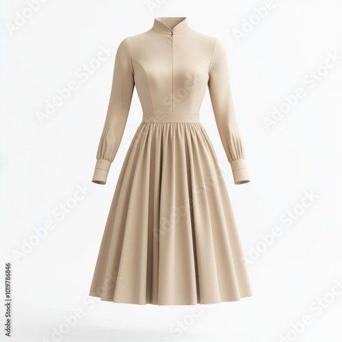 Beige dress with long sleeve, high neckline.