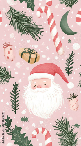 Christmas-themed pattern with Santa, candy canes, crescent moon AI generative.. photo