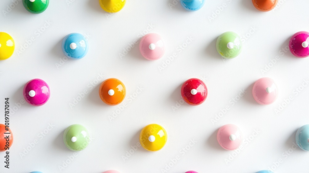 Multicolored polka dots arranged on a white canvas, capturing a playful and artistic design concept. Multicolored polka dots arranged on a white canvas, capturing a playful and artistic design concept.