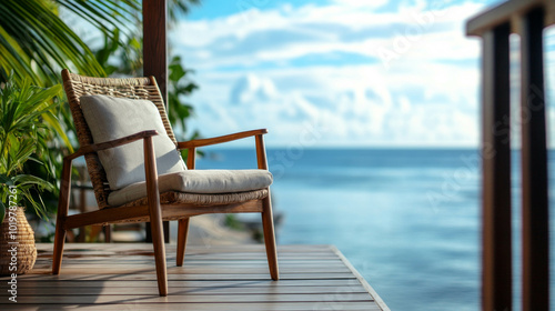 Resort vacation home interior with wooden chair in daylight AI generative.. photo