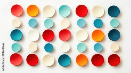 Multicolored polka dots arranged on a white canvas, capturing a playful and artistic design concept.