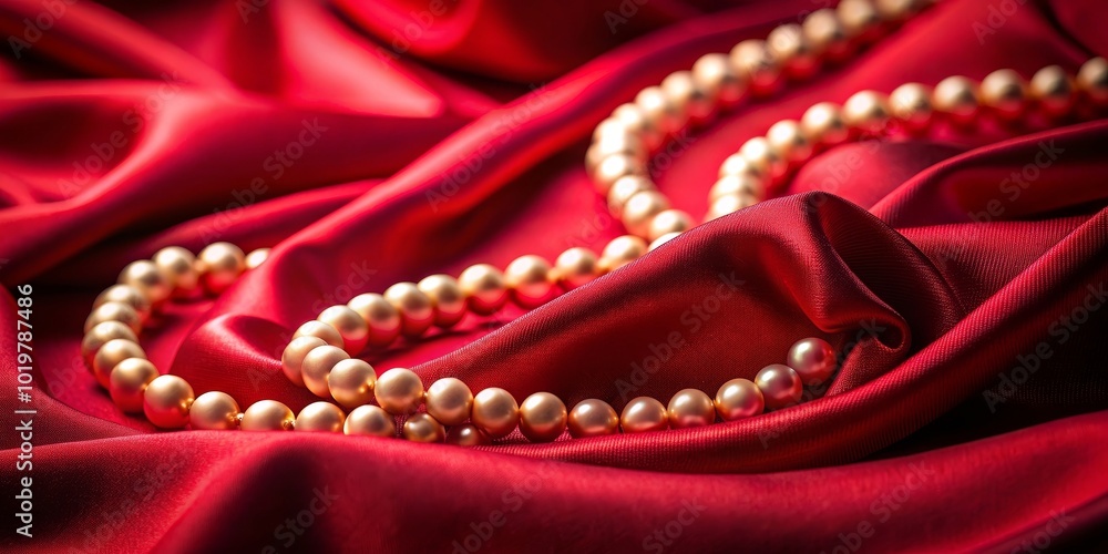 Obraz premium Silky red fabric draped gracefully with soft golden light illuminating pearls, Red, Fabric, Draped, Graceful, Soft