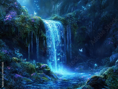 Fototapeta Naklejka Na Ścianę i Meble -  A hidden waterfall deep in an enchanted forest, the water glowing with soft blue light as it cascades over moss-covered rocks, with enchanted creatures like elves and fairies gathered nearby