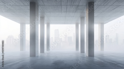 Open concrete foreground with a fog-covered city skyline in the distance, symbolizing urban growth and architecture. Concept of cityscape and modern design.