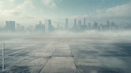Open concrete foreground with a fog-covered city skyline in the distance, symbolizing urban growth and architecture. Concept of cityscape and modern design.