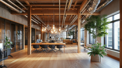 A spacious Japanese office space showcases a wooden ceiling with metal pipes and lightbulb chandeliers for a unique industrial look, AI generative.. photo