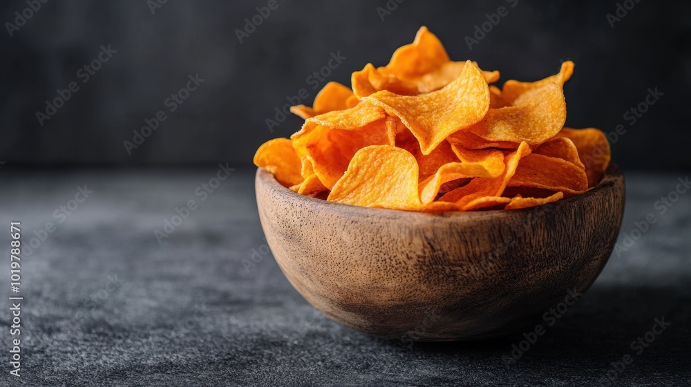 Orange vegetable chips in a rustic bowl with dark slate background, showcasing a healthy, natural snack option. Concept of wholesome, organic food. Orange vegetable chips in a rustic bowl with dark slate background, showcasing a healthy, natural snack option. Concept of wholesome, organic food.