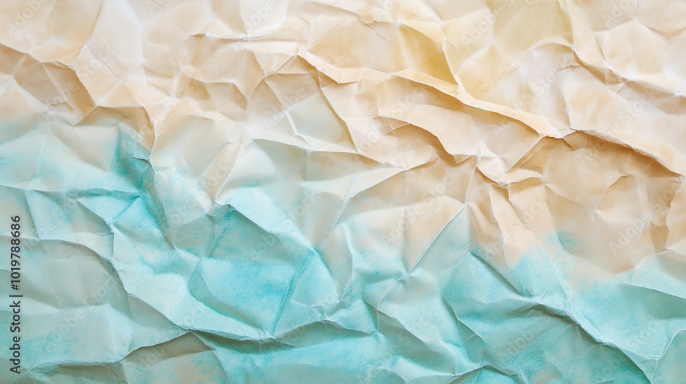 Fototapeta premium Crumpled paper texture on a blue and yellow background. AI generation