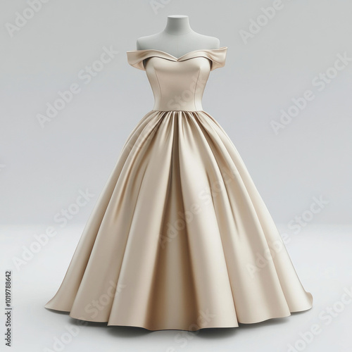 Woman in off-the-shoulder satin ball gown, surrounded by opulent ballroom decor, radiates elegance and grace.