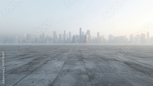 Open concrete foreground with a fog-covered city skyline in the distance, symbolizing urban growth and architecture. Concept of cityscape and modern design.