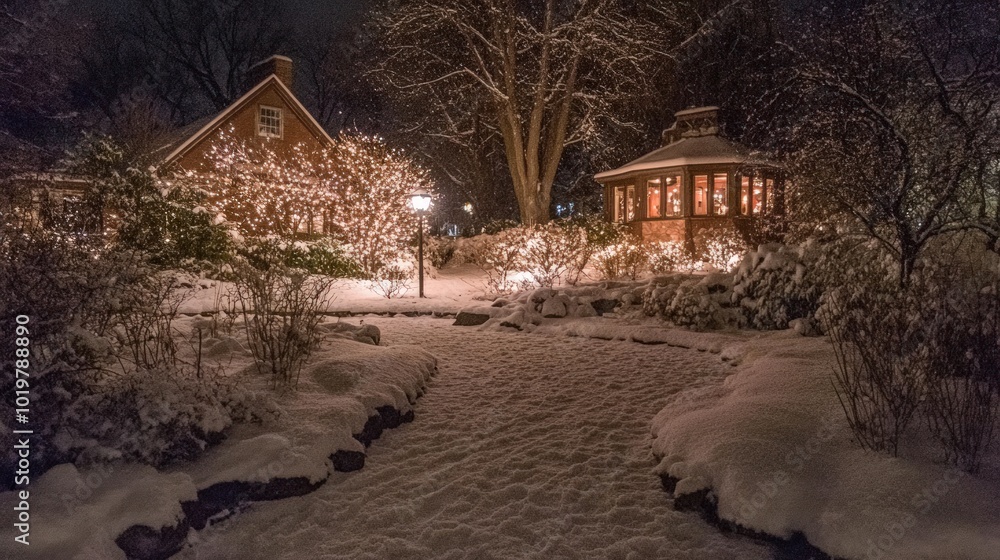 A snow-covered path illuminated by string lights leads to a cozy gazebo in a winter wonderland. A snow-covered path illuminated by string lights leads to a cozy gazebo in a winter wonderland.