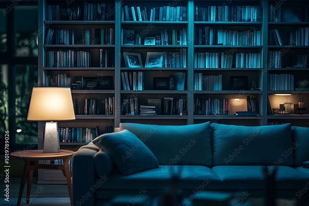 Cozy Living Room with Bookcase and Warm Lights Cozy Living Room with Bookcase and Warm Lights