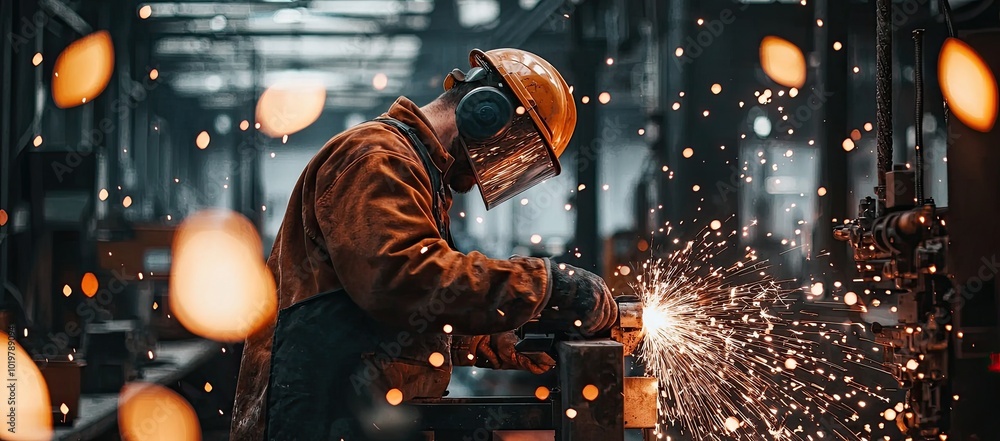 worker using an angle grinder to cut metal in the workshop, sparks flying around them as they work on high-tech equipment and tools worker using an angle grinder to cut metal in the workshop, sparks flying around them as they work on high-tech equipment and tools