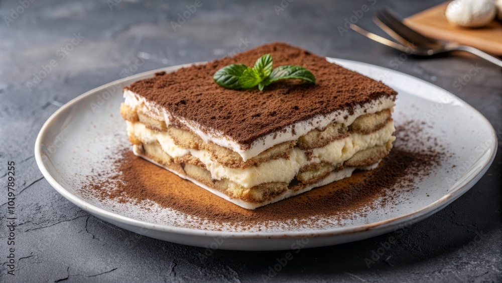 Delicious tiramisu dessert beautifully presented on a plate , Italian, sweet, dessert, indulgent, coffee, layered Delicious tiramisu dessert beautifully presented on a plate , Italian, sweet, dessert, indulgent, coffee, layered