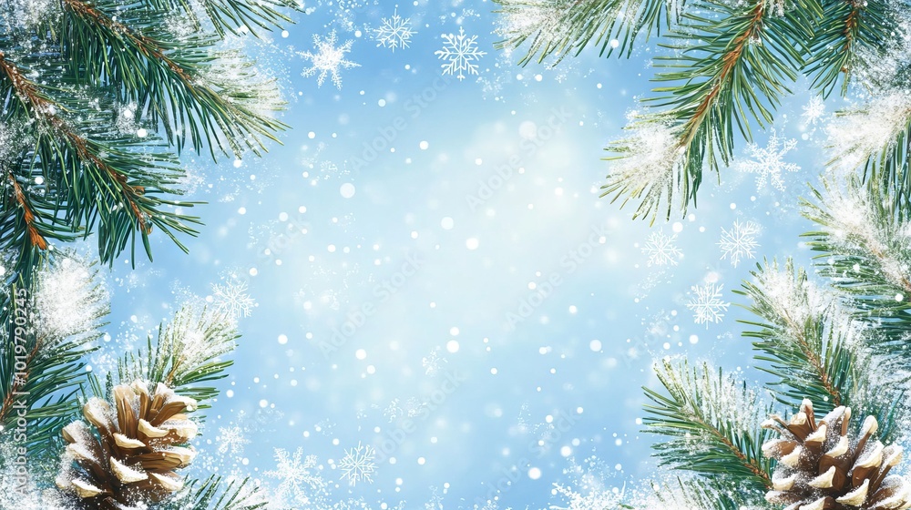 Festive winter holiday background with pine branches and snowflakes for seasonal card design Festive winter holiday background with pine branches and snowflakes for seasonal card design