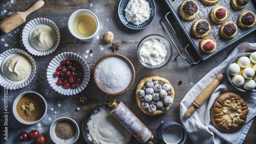 Overhead shot of a baker's table showing various stages of pastry preparation, baking, pastry, dough