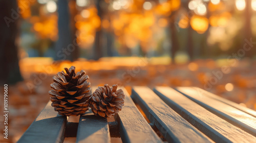 Close-up of a pine cone lying on a bench in warm autumn light, AI generative.. photo