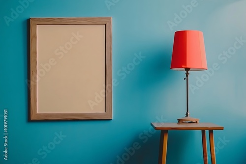 Empty Frame with Red Lamp, Wooden Frame on Blue Wall, and Cozy Decor