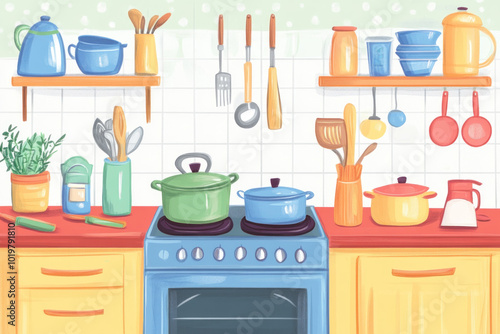 Vibrant kitchen illustration, depicting colorful and cheerful home cooking environment with various utensils.  photo