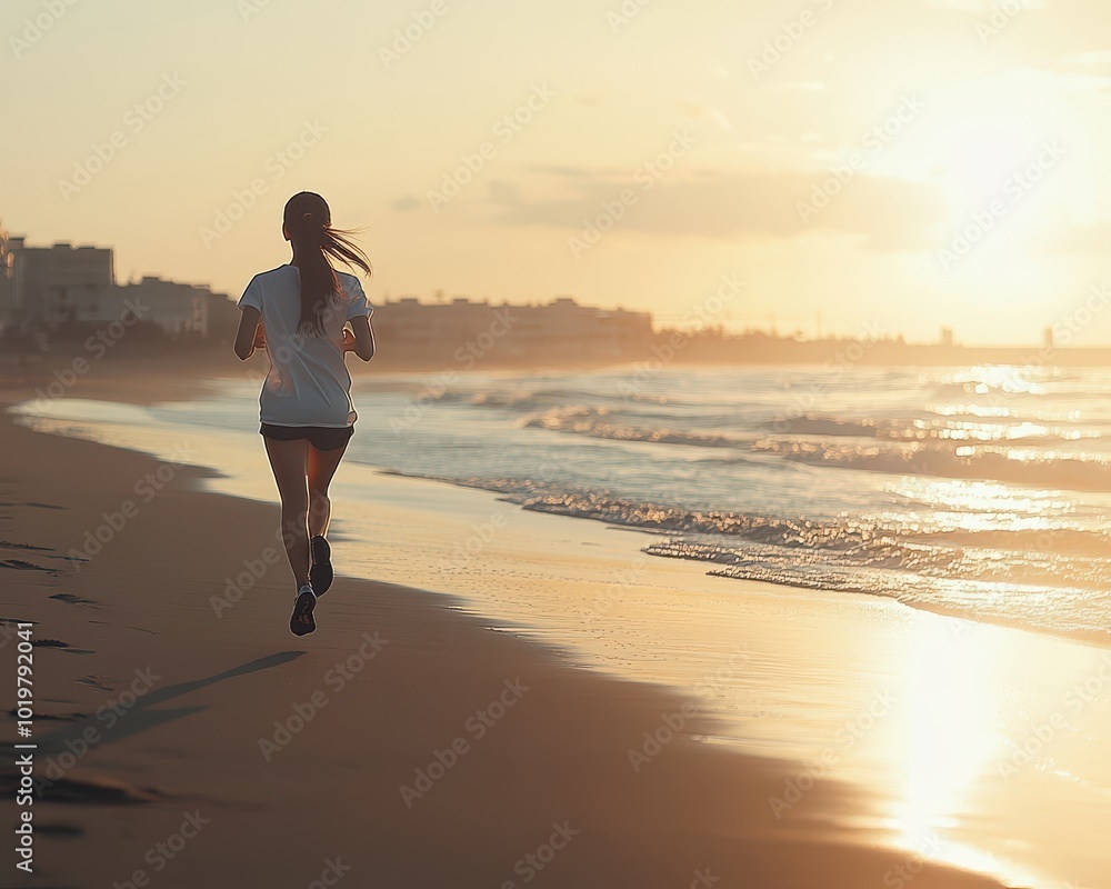 Asian woman running along a beachfront at sunrise, waves gently hitting the shore, exercise, beach run, peaceful morning Asian woman running along a beachfront at sunrise, waves gently hitting the shore, exercise, beach run, peaceful morning