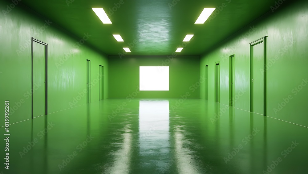 Obraz premium Green Room Abstract Perspective Empty Reflective Corridor