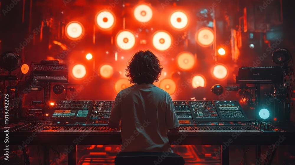 A musician creating electronic music in a vibrant studio setting. A musician creating electronic music in a vibrant studio setting.