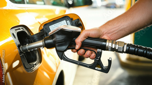 Detailed shot of a hand holding a black pump nozzle at a gas station, AI generative..