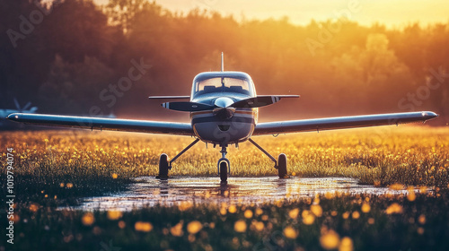 Vibrant reflection of a single engine airplane on a wet morning surface, AI generative.. photo